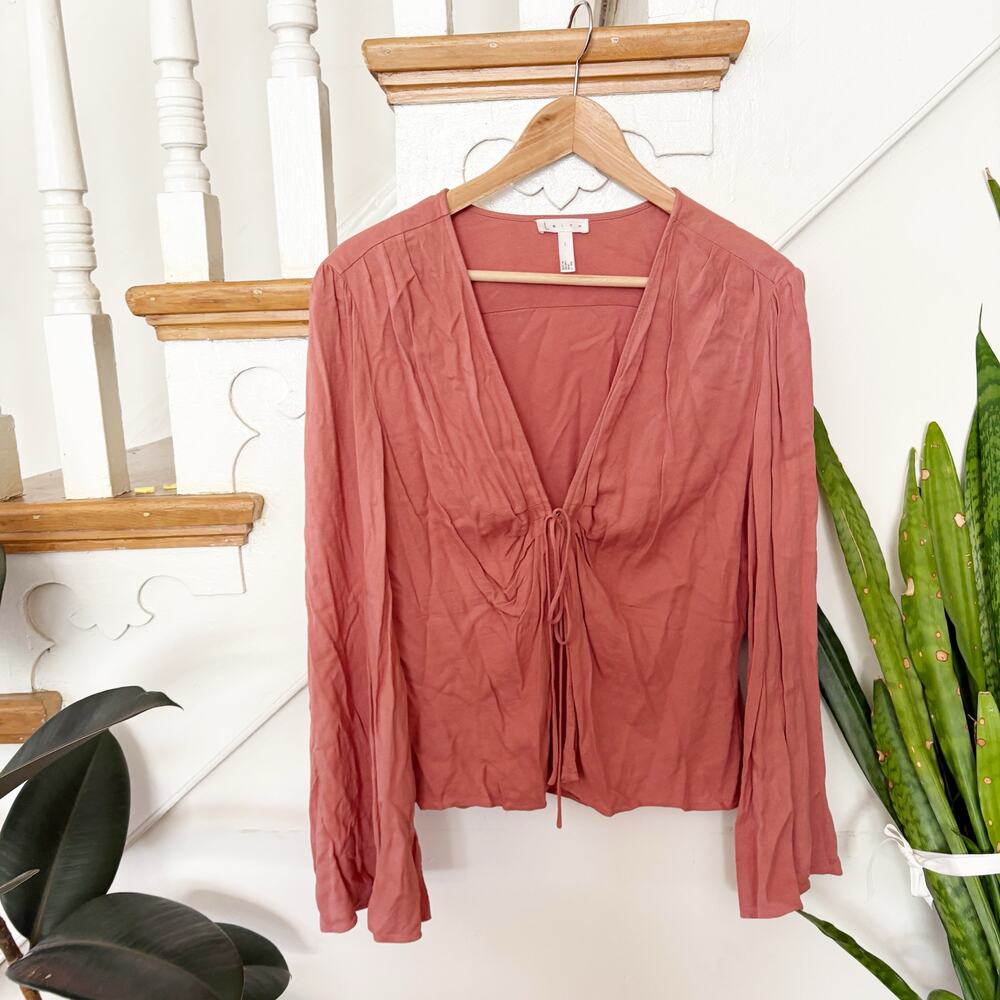 Leith Tie Front Long Sleeve Blouse Dusty Rose Rayon Soft Flowy Top Size L Large